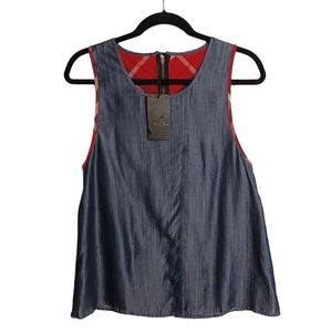 POETIC JUSTICE Blue Rinse Chambray Sleeveless Red Plaid Print June Top S NWT